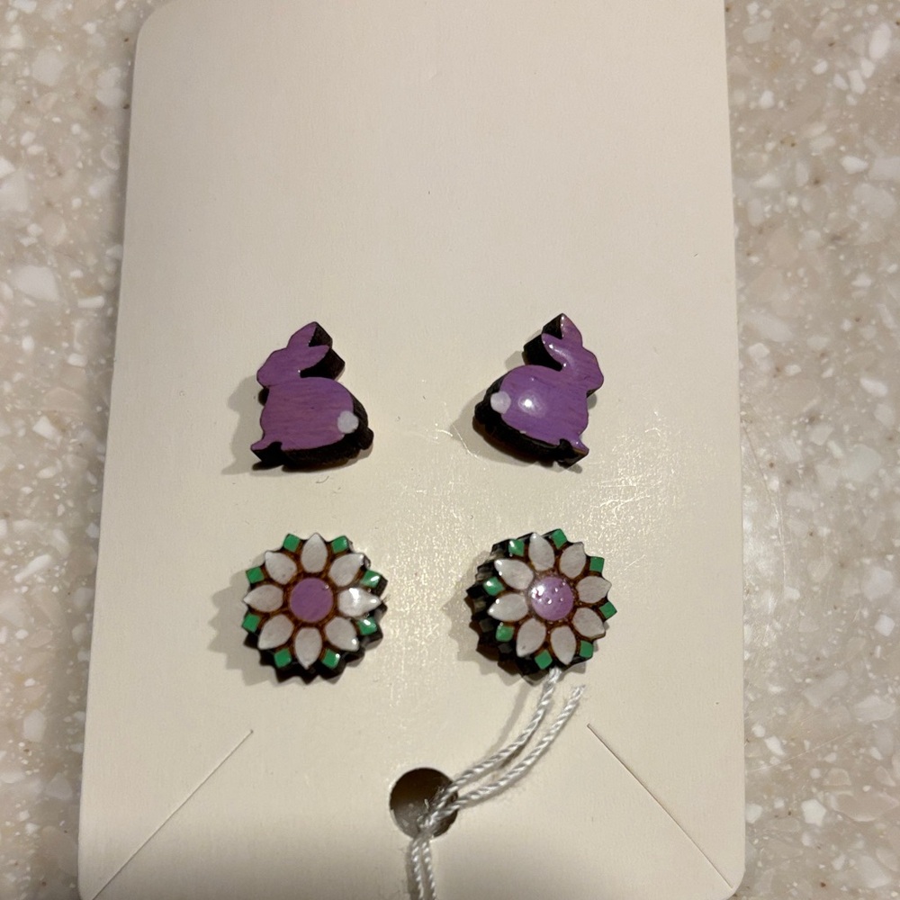 Purple Bunny and Floral Earrings Set